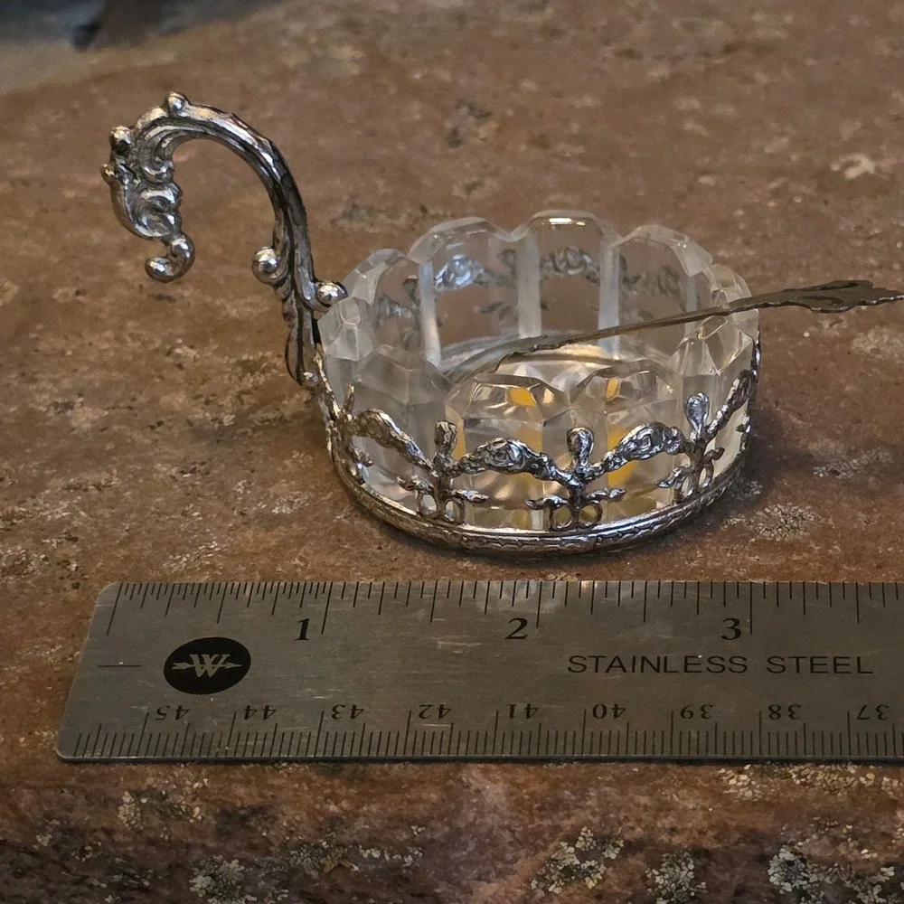 Vintage OTCO Italy Crystal Salt Cellar with Silver Tone Holder and Shell Spoon